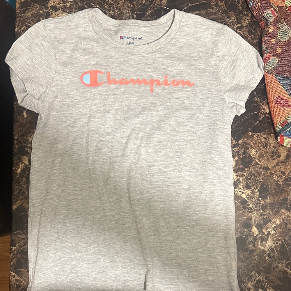 Champion Kids Light Gray Tee with Coral Logo